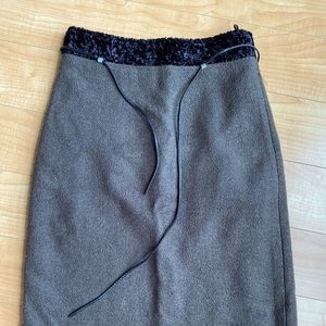 Pencil Skirt, olive cotton with black fur detail